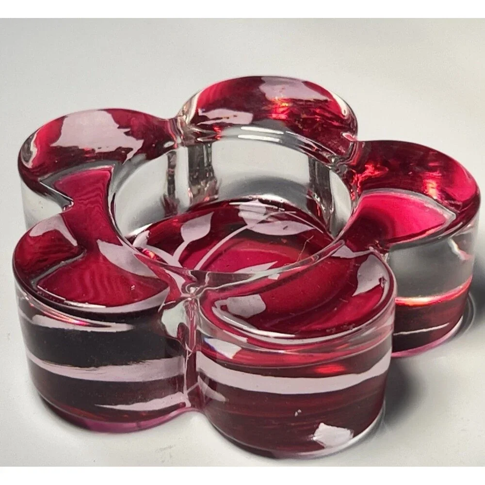 Y2K Vintage Iridescent Red Flower Design Glass Candle Holder Paper Weight 3”x1”h